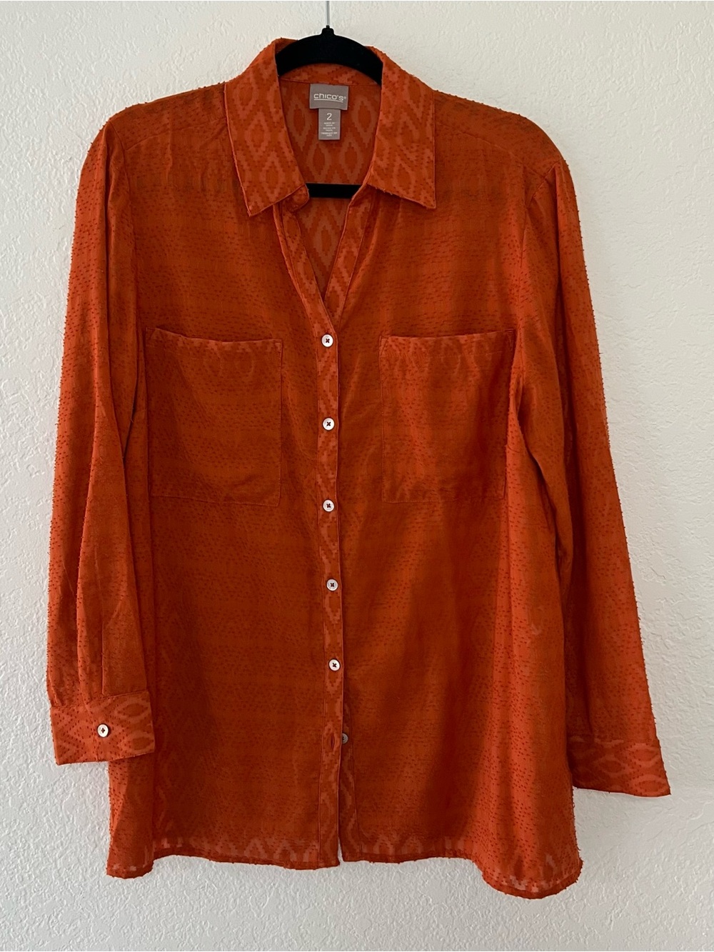 Chico’s Shirt Women’s Size Large 2 Burnt Orange Button Burnout Sheer Long Sleeve